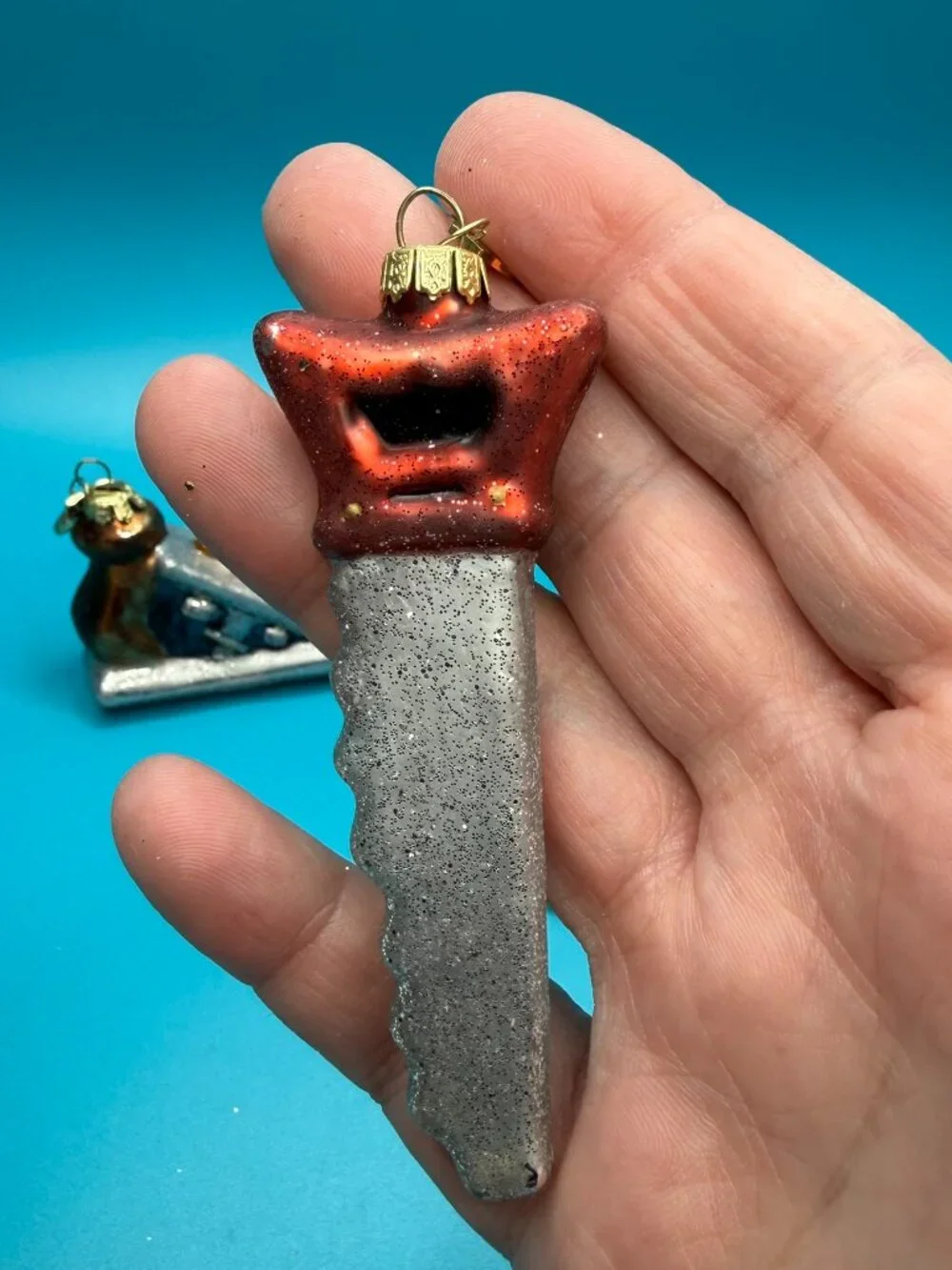 Lot of 3 Dept 56 Christmas Mini Glass Ornaments Hardware Tools Plane Saw Wrench